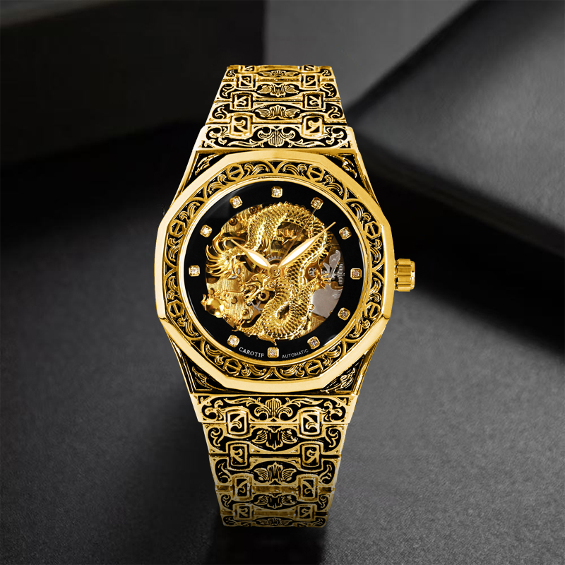 Luxury Watch Gold And Black - ساعة ميكانيكية أوتوماتيكية متعددة الأضلاع منحوتة