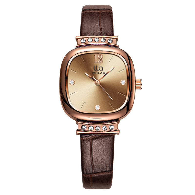 Luxury Watch With Leather Strap - ساعة نسائية مربعة الشكل بلون الذهب