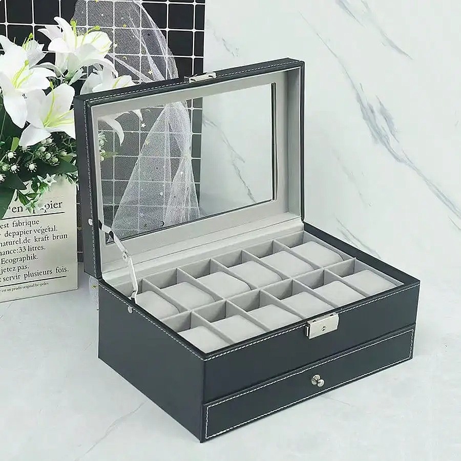 صندوق ساعات بـ 12 فتحة مع درج، - مراجعة Luxury Watch Display Case وسعره