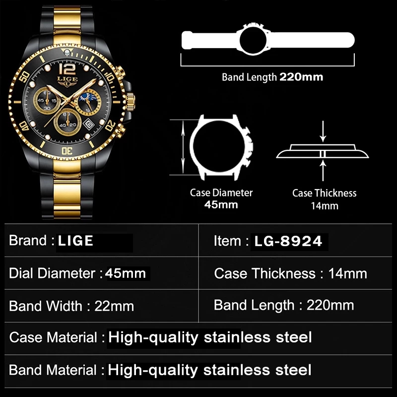 LIGE موضة الذهب الأسود على مدا - مراجعة Luxury Watch Gold And Black وسعره